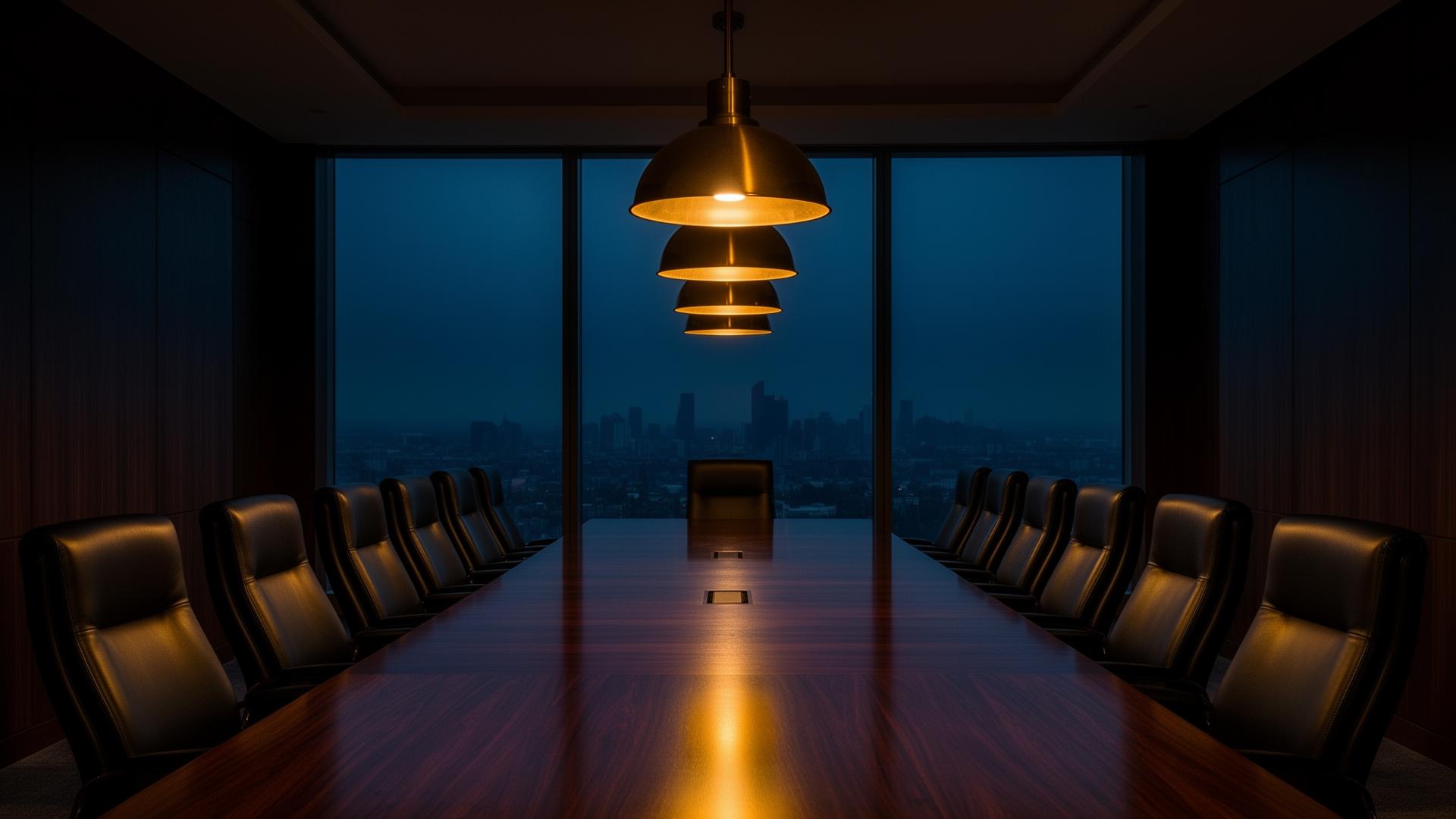 Empty boardroom at dusk overlooking a city skyline
