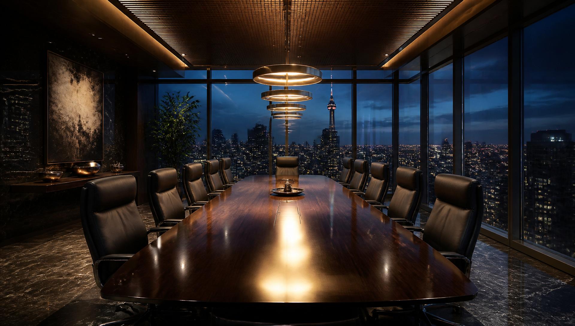 Empty boardroom at dusk overlooking a city skyline
